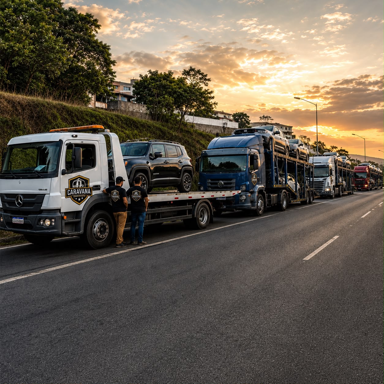 Comboio de caminhões da Caravana carregados de veículos ao pôr do sol